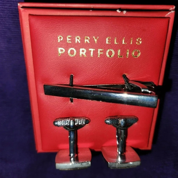 Perry Ellis Portfolio Cufflinks Silver Tone Gold Tone Tie Bar Clip Boxed - Picture 8 of 10